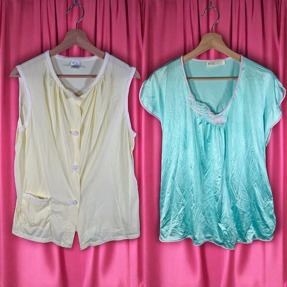 Set 2 VTG JCPenney Women's Medium Satin Pajama Tops Blouses 1960s 1970s Sleep - Picture 1 of 12